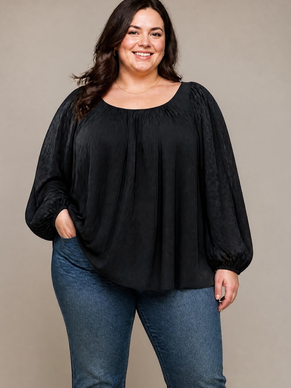 Cato Black Pleated Peasant Blouse Plus Size 18/20W Chic Boho Balloon Sleeve Top